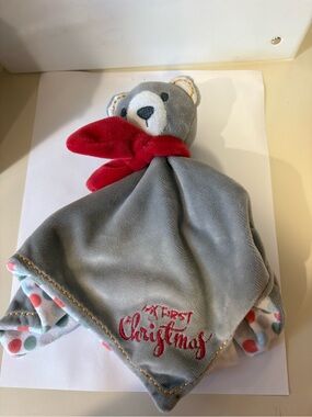 Gray Bear Lovey Blanket with Red Scarf My First Christmas Baby